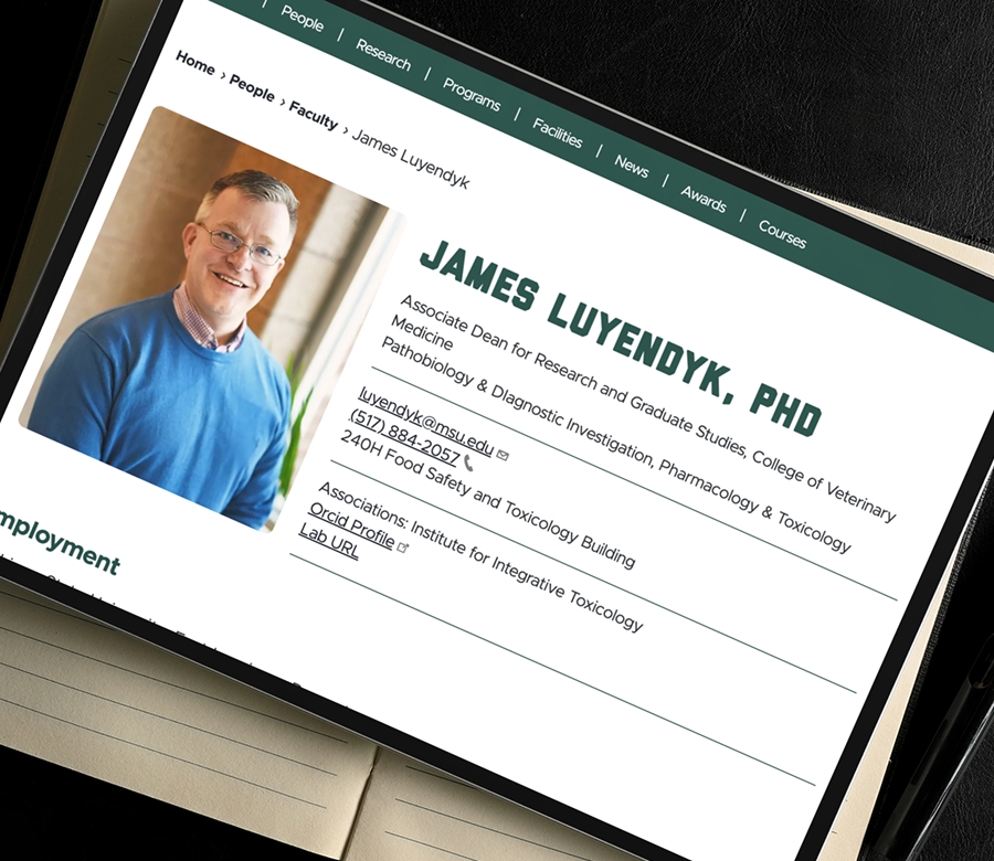 Tablet displaying Faculty page on the MSU Department of Pharmacology and Toxicology website