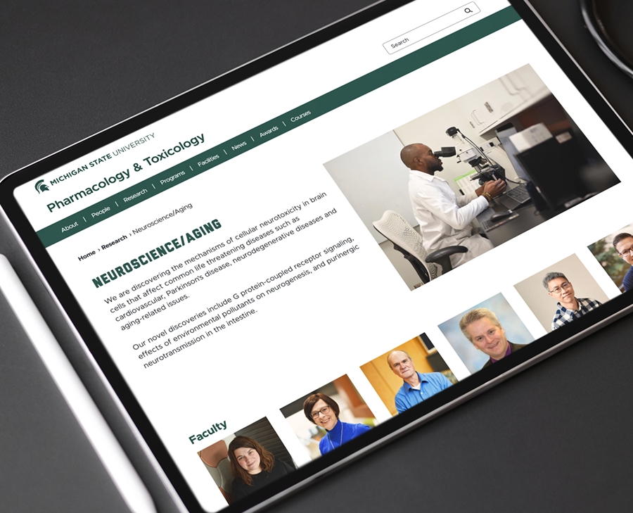 Tablet displaying the MSU Department of Pharmacology and Toxicology website