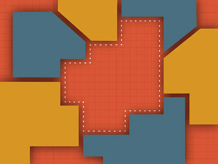 An illustration of city blocks from overhead in blue, red and yellow. 