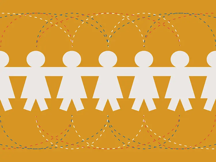 An illustration of white cutout people holding hands in front of a yellow background to symbolize connection.  