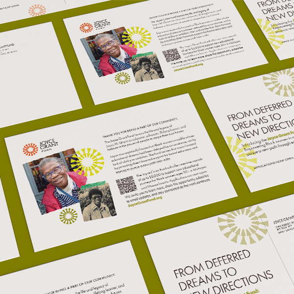 Grid layout of postcard introducing the Joyce Grant Fund
