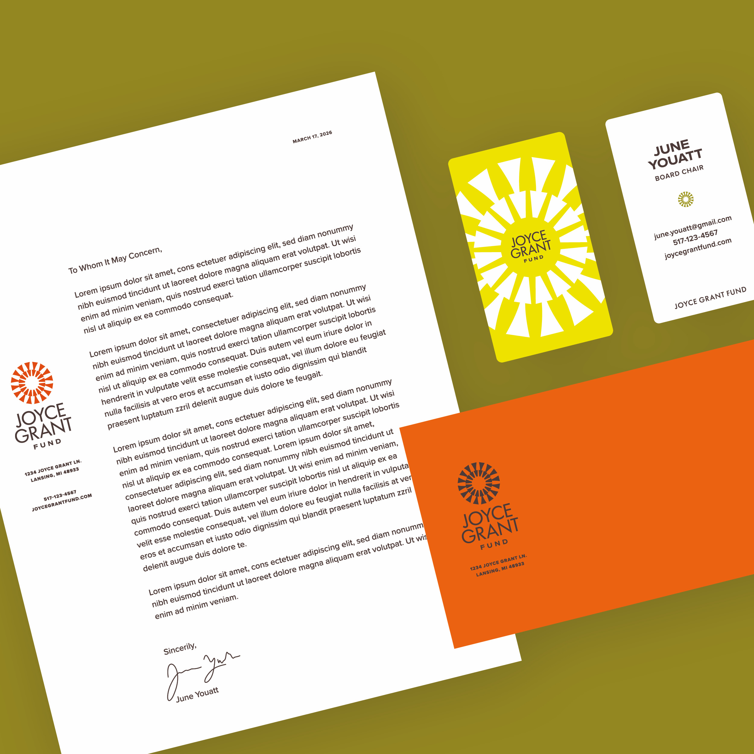 Grid layout of the letterhead, envelope and business card designs