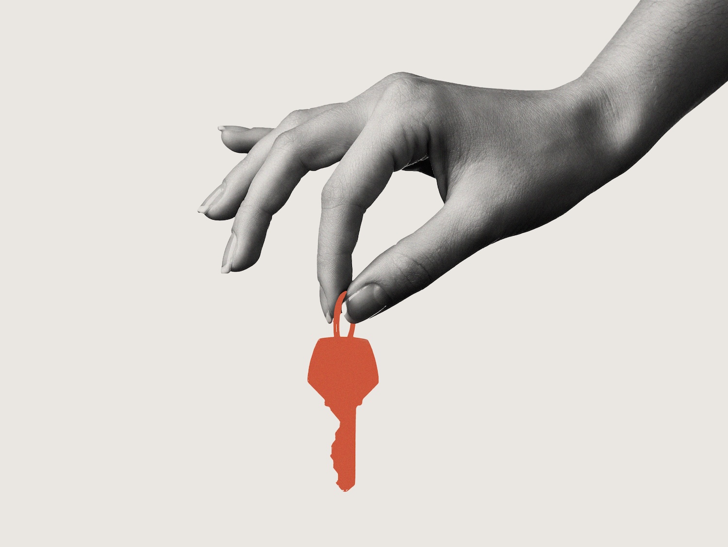 A black and white hand holds a red illustrated key.  
