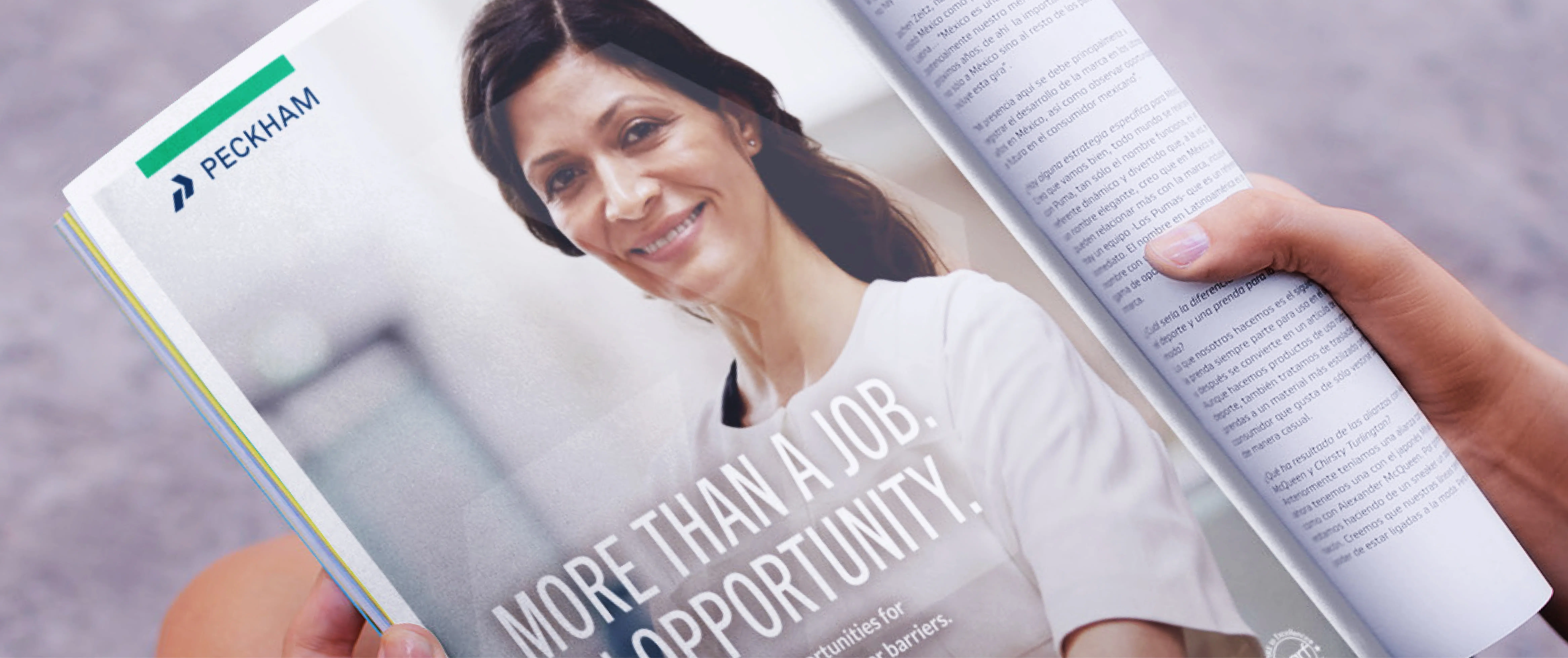 A document with the "Peckham Inc" logo features a smiling woman as part of a brochure.