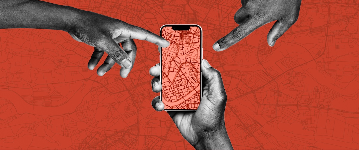 Three hands point toward a mobile phone screen, which displays a map grid in front of a red background.