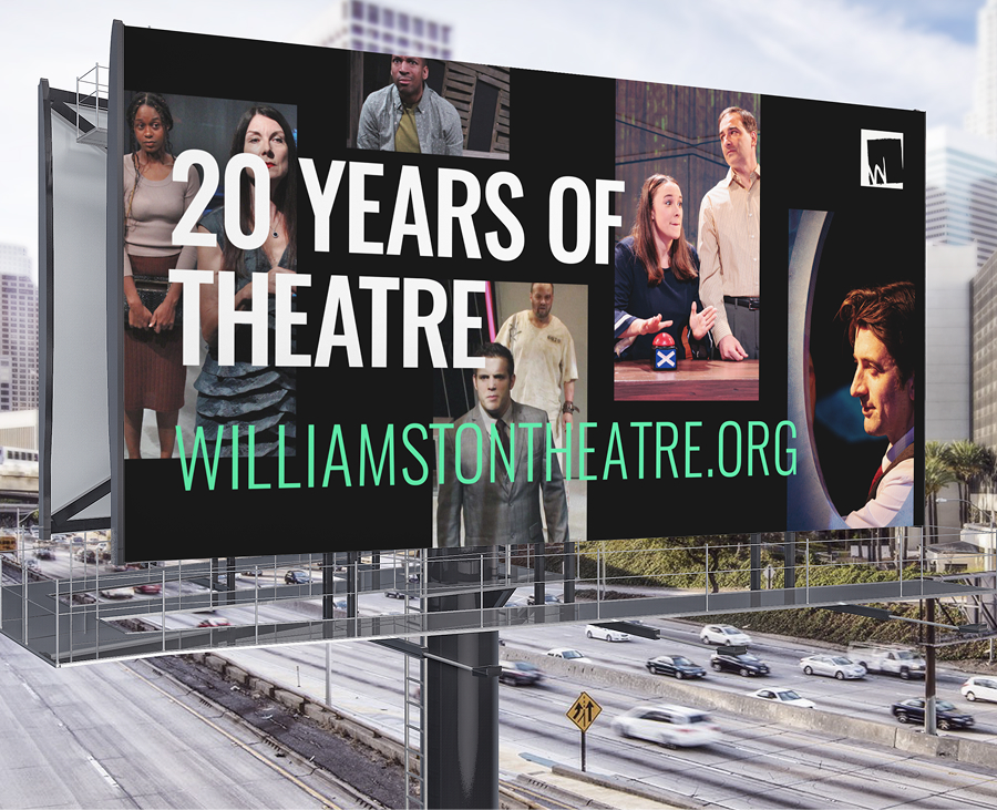 Billboard with collage of actors that reads: 20 Years of Theatre — WilliamstonTheatre.org.