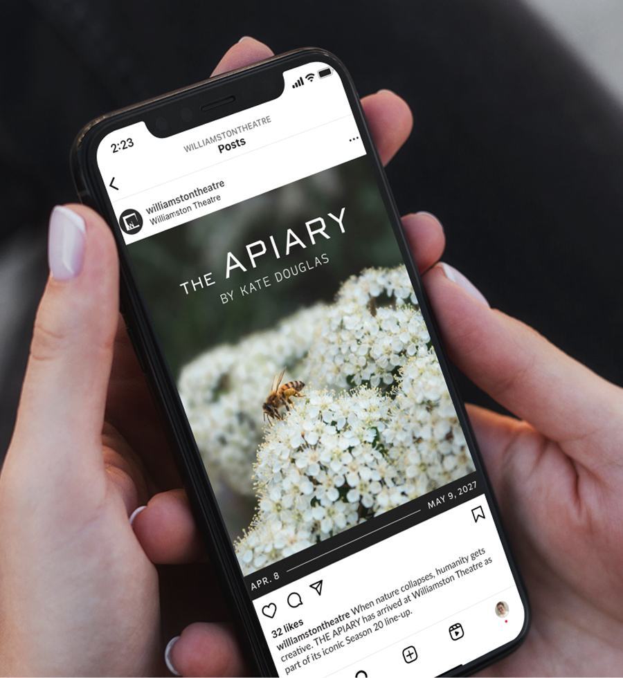 A phone displaying an Instagram post of a bee on a flower. The graphic includes: The Apiary by Kate Douglas. April 8 - May 9, 2027.
