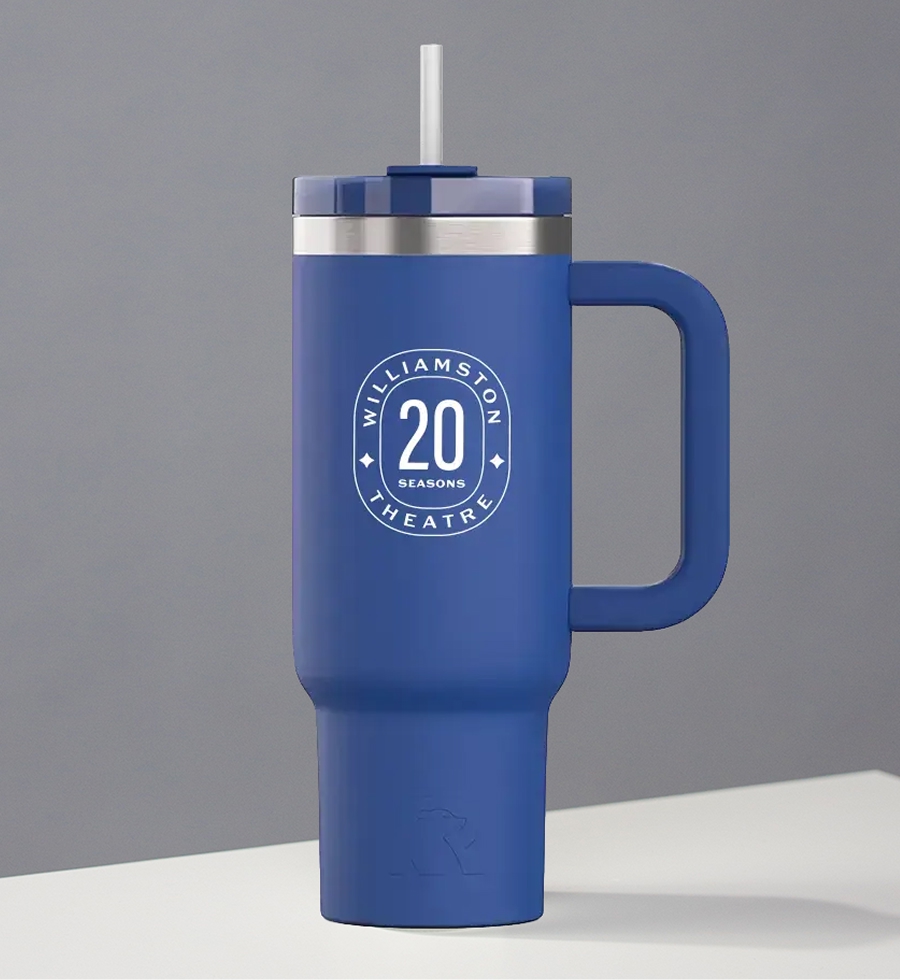 A blue stainless steel tumbler featuring a special badge icon celebrating 20 Seasons of theatre at Williamston Theatre.