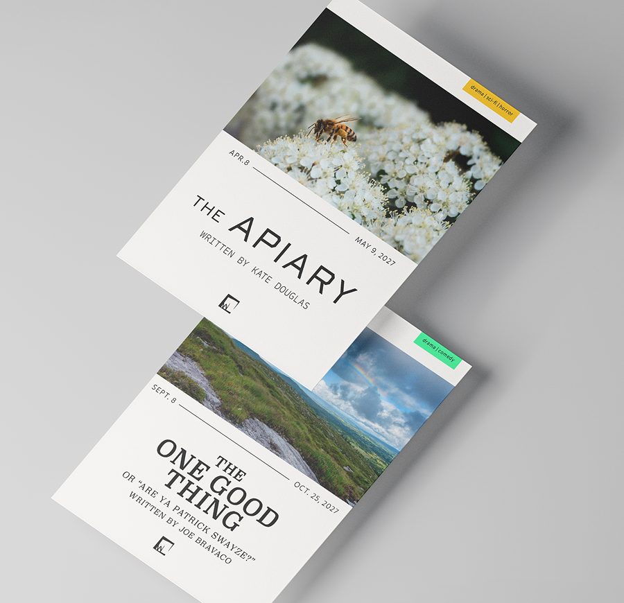 Two overlapping postcards. One has a bee on a flower and the text, "The Apiary by Kate Douglas". The other: rolling green hills and the text, "The One Good Thing or "Are Ya Patrick Swayze?" by Joe Bravaco. 