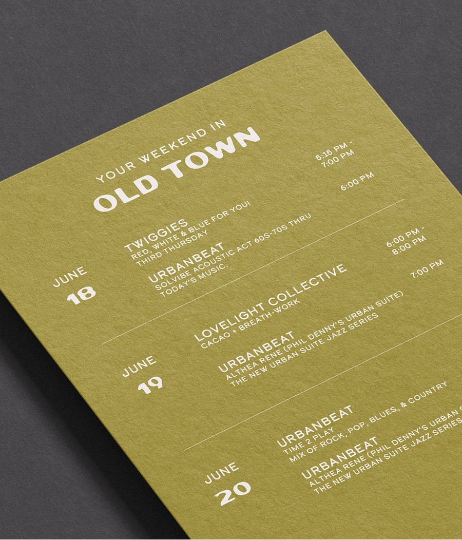 Olive green flyer for "Your weekend in Old Town." Listed are placeholder events and dates.