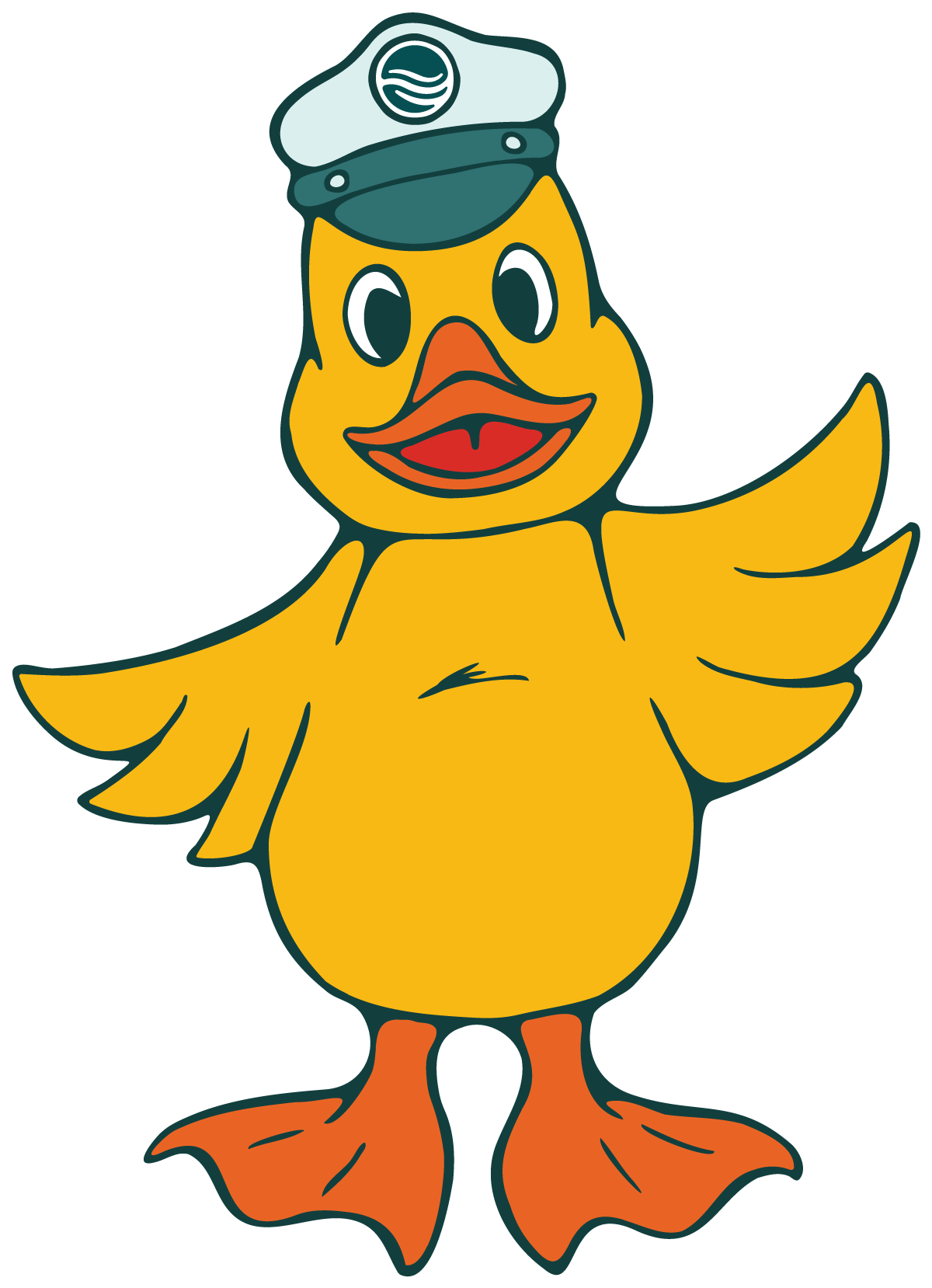 A yellow cartoon duck smiles, wearing a green hat. 