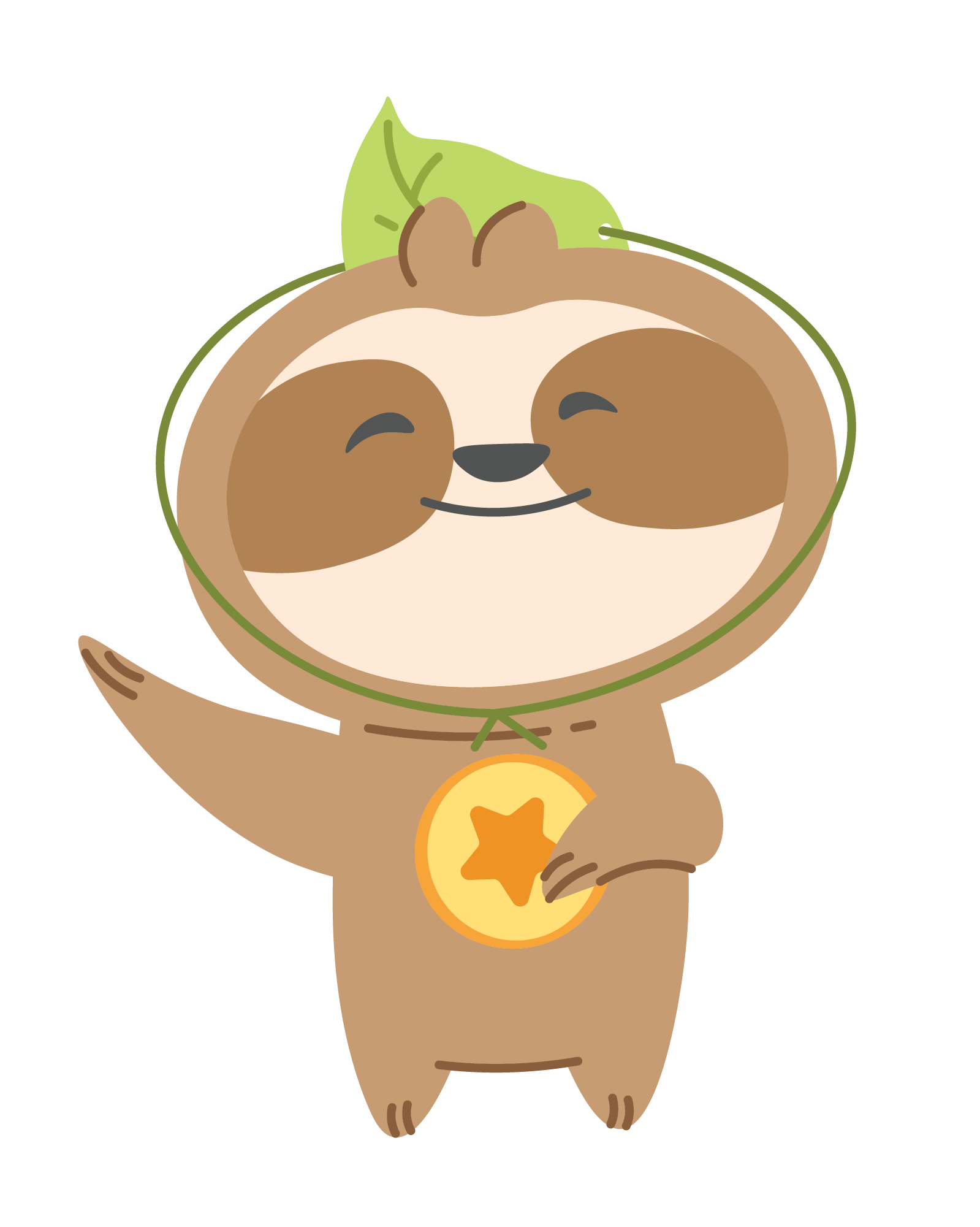 A cartoon sloth is smiling with a green leaf on its head holding a yellow coin. 