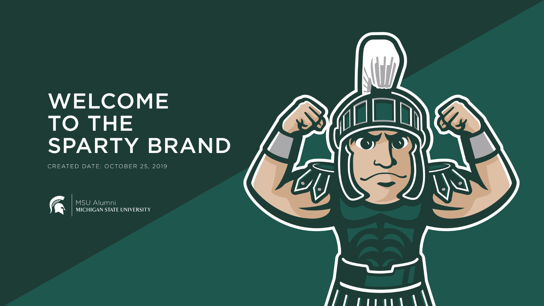 A cartoon Sparty stands flexing his muscles next to text that reads, "Welcome to the Sparty Brand."