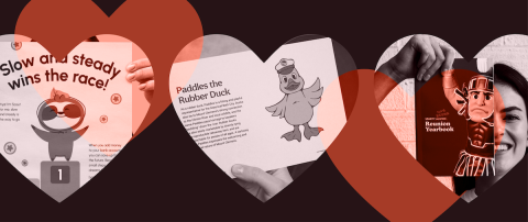 Three images appear in heart-shapes. The first is a cartoon sloth, the second is a cartoon rubber duck, and the third is a woman holding a piece of paper that shows MSU Sparty and reads, "Spartan Alumni Reunion Yearbook"