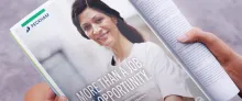 A document with the "Peckham Inc" logo features a smiling woman as part of a brochure.