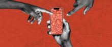 Three hands point toward a mobile phone screen, which displays a map grid in front of a red background.