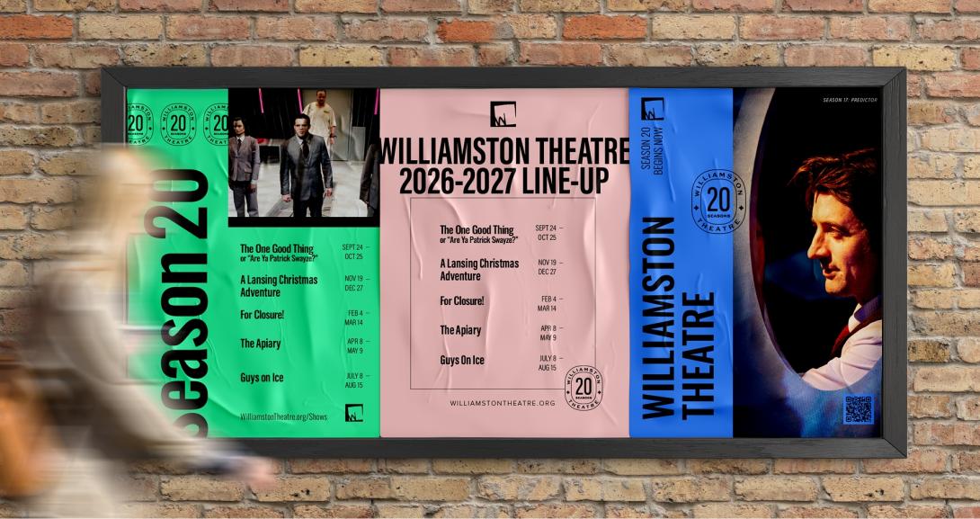 Three posters hanging on a wall that promote Williamston Theatre's 20th Season.