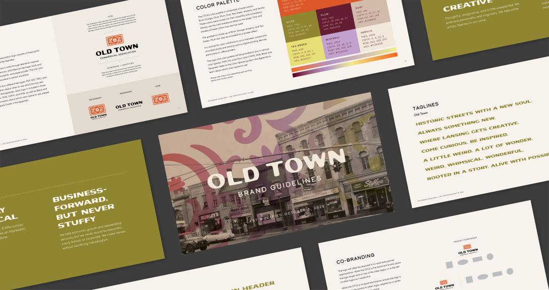 Spreads from the Old Town Brand Guidelines, including the pages for: the cover, taglines, tone of voice, the logo, co-branding, and color palette.